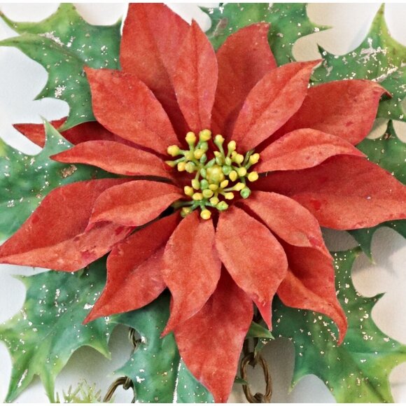 Vintage Christmas Flocked Poinsettia with Bells Wall Hanger Plastic - Picture 2 of 7